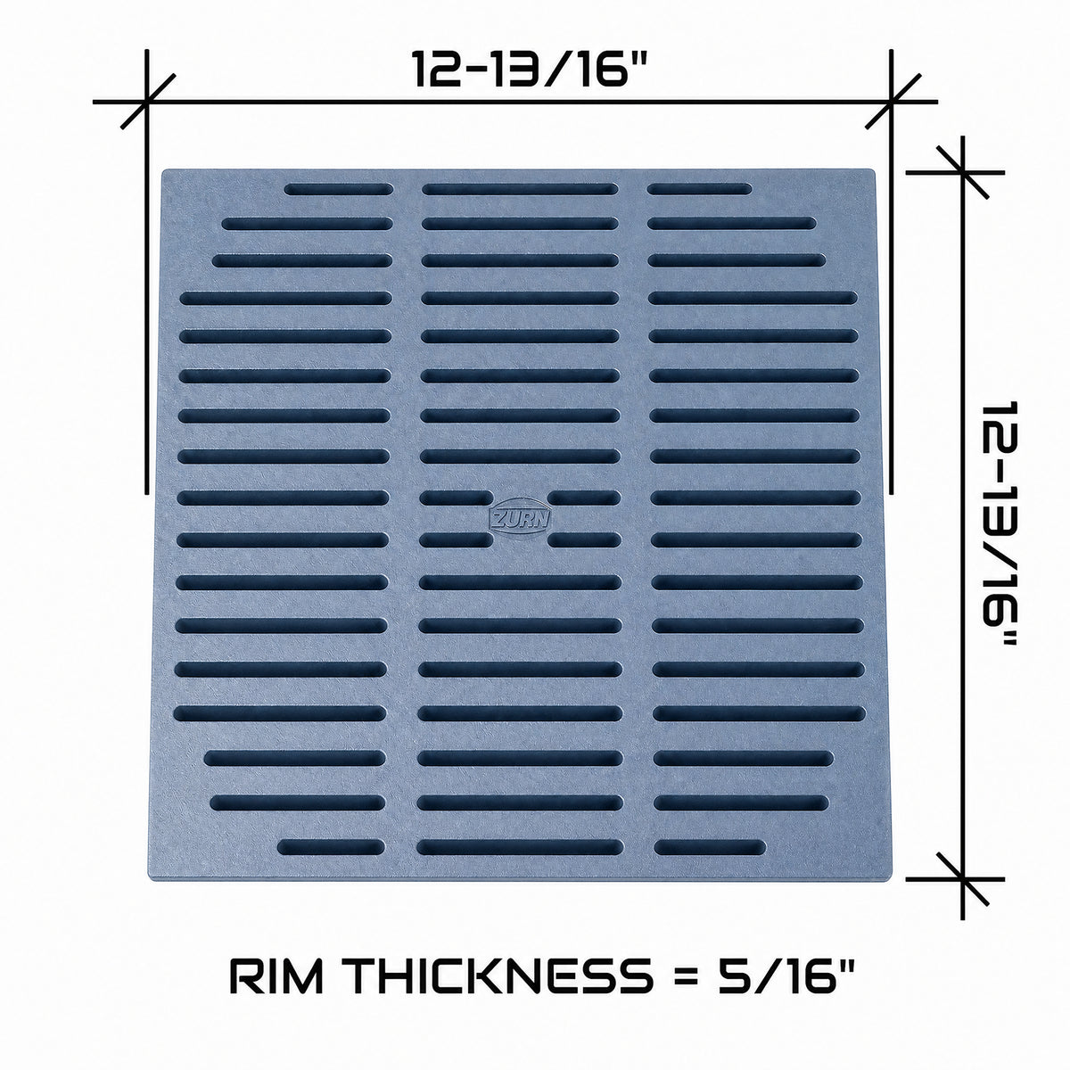 Zurn P150-GRATE dimensions showing 12-13/16-inch square grate and 5/16-inch rim thickness