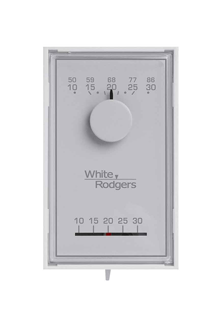 1E30N-311 WHITE RODGERS THERMOSTAT 50-90 F 24V HEAT VERT VERTICAL MOUNT WHITE BIMETAL SENSOR ELEMENT HARDWIRED POWER