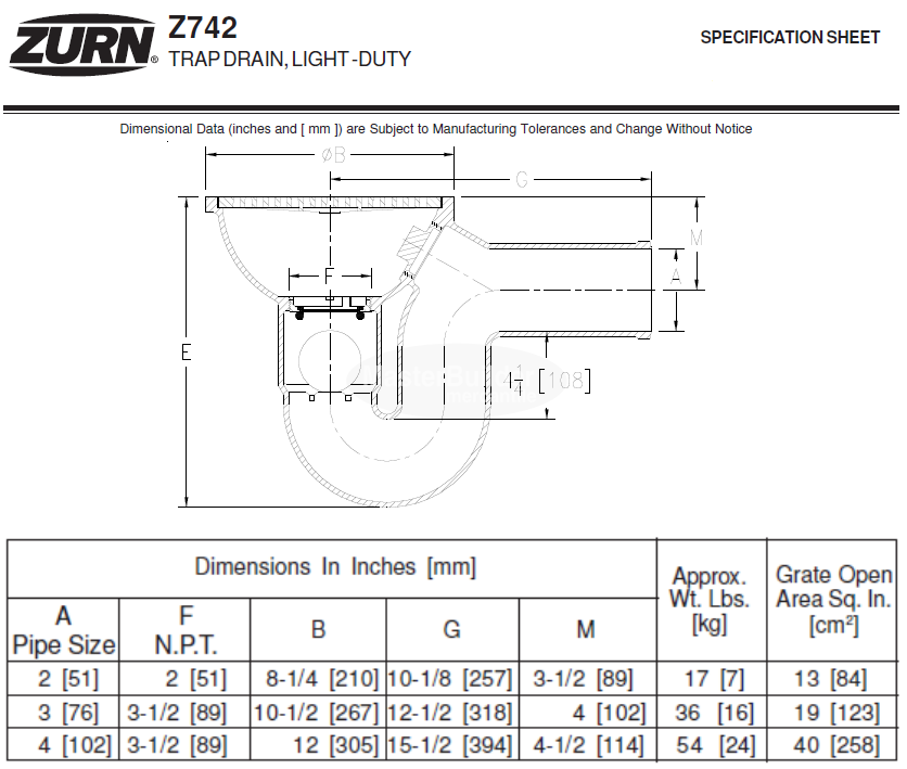 Zurn Z742-3SP 10" Light-Duty Top Drain w/ Integral Double Wall Trap, Side Outlet, Backwater Valve